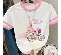 Maglietta a maniche corte casual da ragazza adolescente, con stampa colorblock della Torre Eiffel di Parigi e della bicicletta, vestibilità slim, adatta per l'uso esterno 14Y,12Y,13Y,16Y,15YA strisceP