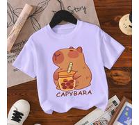 Maglietta a maniche corte casual e comoda, con grafica carina di capibara e tè al latte, per ragazze in età pre-adolescenziale, adatta per la primavera/estate 8Y,9Y,10Y,11Y,12YAnimale,Fumetto,LettereT