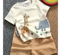 Maglietta a maniche corte casual e semplice per ragazzo, adatta per l'estate, stampa classica e carina con motivi di giraffa e elefante, stampa con motivo di piccoli animali eleganti 6Y,7Y,4Y,5YGrafic