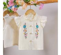 Maglietta a maniche corte con arricciature per ragazze, con ricamo floreale colorato e bottoni in perla, colletto alla Peter Pan morbido e traspirante, adatta per l'estate 6Y,7Y,4Y,5YPianteTessuto