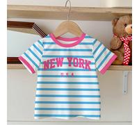 Maglietta a maniche corte con collo rotondo, stile minimalista casual, a righe blu con testo in inglese "NEW YORK", contrasto rosa, adatta per il ritorno a scuola, stile universitario, adatta per l ab