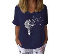 Maglietta a maniche corte con dente di leone stampato casual da donna, scollo a V, maniche larghe, camicetta da donna, Blu marino, S