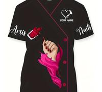 Maglietta a maniche corte con design di un'estetista che applica su , una di con scritte "Artis" e "Nails" e opzione per personalizzare un , che le caratteristiche della professione di nail art