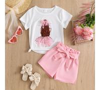 Maglietta A Maniche Corte Con Motivo Carattere Cartone Animato Per Ragazze Giovani E Pantaloncini Con Vita A Sacchetto Di Carta E Cintura 6Y,7Y,3Y,4Y,5YFumetto,Ritratto,Colore unicoTessuto in maglia