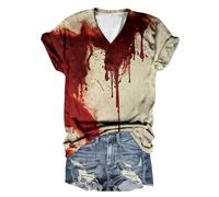 Maglietta a maniche corte con scollo a V, con stampa sanguinosa, per Halloween, con scritta in lingua tedesca, D rosso., 3XL