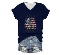 Maglietta a maniche corte con scollo a V e stampa Giorno dell'Indipendenza da Donna | Top Estivo Patriottico T Shirt Con Stampa, Blu marino, M