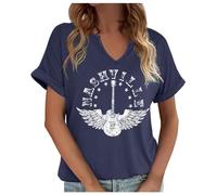 Maglietta a maniche corte con scollo a V tinta unita stampata a maniche corte da donna, Blu scuro, XL