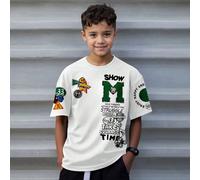 Maglietta a maniche corte con scollo rotondo per ragazzo preadolescente, stile minimalista casual, stampa a motivo di teschio su skateboard con la scritta "Mostra il momento felice", adatta per attivi