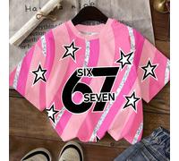 Maglietta a maniche corte con scollo rotondo, stile casual minimalista, con numero 67, stella e righe sfumate in rosa, adatta per l'estate, per ragazze pre-adolescenti 7Y,8Y,9Y,10Y,11Y,12Y,13YGeometri