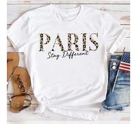 Maglietta a maniche corte con scollo tondo, con stampa leopardata di Parigi e testo in inglese, modello aderente, casual, in misto cotone, estiva L,M,S,XL,XS,XXL,XXSLeopardo,Lettere,Motivo strutturato