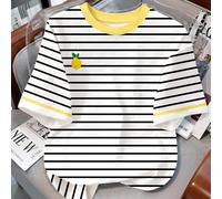 Maglietta a maniche corte con scollo tondo, minimalista, adatta per l'estate, per ragazza giovane, in colore giallo limone e bianco-nero a righe, con motivo retrò di un albero di limoni, adatta per se