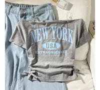 Maglietta a maniche corte con spalle scoperte, stile casual da strada per ragazze pre-adolescenti, con stampa slogan di New York, aderente, in maglia, colore grigio melange 8Y,9Y,10Y,11Y,12YGraficoTes