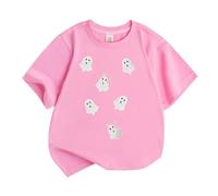 Maglietta a maniche corte con stampa Halloween, comoda camicia per il tempo libero, moda giovanile, maglietta basic con motivo zucca per tutti i giorni e la scuola, Colore: rosa., 7-8 Anni