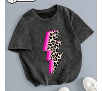 Maglietta a maniche corte con stampa leopardo rosa e fulmine, stile retrò, per taglie comode. Maglietta girocollo casual, perfetta per l'uso quotidiano a casa. La finitura lavata le conferisce un tocc