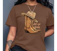 Maglietta a maniche corte con stampa monogramma, stivali e cappello da cowboy, casual, girocollo, maglietta grafica da donna L,M,S,XLAnimale,Fumetto,Blocchi di colore,Ritratto,Grafico,LettereTessuto i