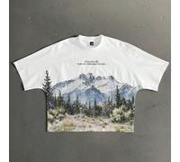 Maglietta a maniche corte con stampa retrò di paesaggio americano all'aperto, taglio corto e maniche a pipistrello, casual e alla moda per appuntamenti e raduni, regalo di coppia per il fidanzato L,M,