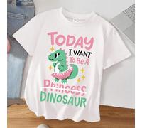 Maglietta a maniche corte con stampa slogan dinosauro, collo tondo, per bambine, casual, adatta per primavera/estate, abbigliamento per bambini. Design a collo tondo, adatta per scuola, vacanze e shop