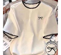 Maglietta a maniche corte da donna casual con fiocco e stampa ricamata a dente di cane, design elegante e versatile, adatta per il ritorno a scuola, la festa dell'insegnante, l'estate, attività all'ap