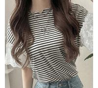 Maglietta a maniche corte da donna con righe ondulate e bordi a contrasto, abbigliamento casual estivo L,M,S,XLA strisceTessuto in maglia