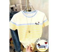 maglietta a maniche corte da donna con scollo rotondo, stampa a righe e cuccioli, casual e versatile per uso quotidiano L,M,S,XLAnimale,Fumetto,GeometricoTessuto in maglia