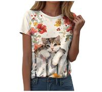 Maglietta a maniche corte da donna con stampa di gatto dipinto a olio vintage con scollo rotondo, Arancione, L