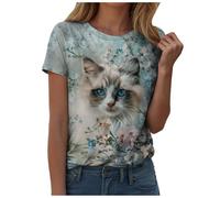 Maglietta a maniche corte da donna con stampa di gatto dipinto a olio vintage con scollo rotondo, Azzurro, L