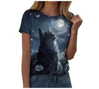 Maglietta a maniche corte da donna con stampa di gatto dipinto a olio vintage con scollo rotondo, Marina Militare, L