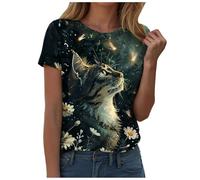 Maglietta a maniche corte da donna con stampa di gatto dipinto a olio vintage con scollo rotondo, Verde scuro, L