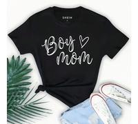 Maglietta a maniche corte da donna con stampa di lettere e cuori, grafica "Boy Love Mom", top per donna L,M,S,XLCuore,Lettere,sloganTessuto in maglia