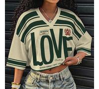 Maglietta a maniche corte da donna oversize con scollo a V, in tessuto a rete, adatta per sport e estate, con stampa di lettere d'amore, stile streetwear, back to school, crop top, top in rete, stile 