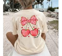 Maglietta a maniche corte da donna, semplice, con stampa a cuore e fiocco, adatta per l'estate, le vacanze e il San Valentino, casual e versatile, con collo rotondo, colore cammello, un capo di moda a