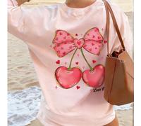 Maglietta a maniche corte da donna, semplice, con stampa a cuore e fiocco, adatta per l'estate, le vacanze e l'uso quotidiano, con collo tondo e vestibilità morbida, ideale per appuntamenti di San Val