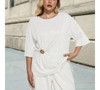 Maglietta a maniche corte da donna taglia grande, collo rotondo, bianca, adatta per l'estate e l'autunno, con fibbia a contrasto, design asimmetrico, casual chic, adatta per pendolarismo urbano, festa