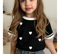 Maglietta a maniche corte da ragazza con scollo rotondo, decorazione a contrasto e stampa a cuori, stile minimalista casual, adatta per l'uso quotidiano estivo, il ritorno a scuola, abbinamenti tra so