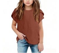 Maglietta a maniche corte da ragazza, in mussola, con maniche a petali, in tinta unita, traspirante, con scollo rotondo, per bambini, primavera, estate, a maniche corte, da spiaggia, 5-15 anni, caffè,