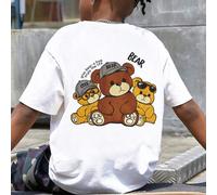 Maglietta a maniche corte da ragazzo con stampa di tre orsetti, con un orso marrone centrale che indossa un cappello BEAR e due cuccioli gialli 6Y,7Y,8Y,9Y,10Y,11-12YFumettoTessuto