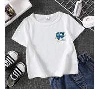 Maglietta a maniche corte da ragazzo con stampa divertente del numero "67" e della scritta "SIX SEVEN", adatta per l'estate all'aperto, top bianco a maniche corte 6Y,7Y,4Y,5YGraficoTessuto