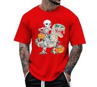 Maglietta a maniche corte da uomo stampata zucca e dinosauro cartone animato per Halloween da uomo, con scheletro e costume di Halloween, taglie forti, maglietta a T, #01-rosso, L