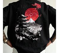 Maglietta a maniche corte da uomo stile giapponese nero con stampa di pagoda a cinque piani, luna rossa e fiori di ciliegio, wafuku taglie forti, top casual ampio 1XL,2XL,3XL,4XL,5XL,6XLGrafico,Piante