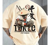 Maglietta a maniche corte da uomo taglie forti, stile giapponese Ronin Samurai, stile americano urban, vintage orientale, con grafica di guerriero, adatta per casa, ufficio, all'aperto, città, regolar