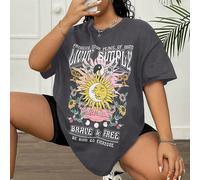 Maglietta a maniche corte di moda per donne taglia grande con stampa di sole e luna PROTEGGI LA TUA PACE MENTALE VIVI SEMPLICEMENTE SOGNI INFINITI CORAGGIOSO LIBERO GENTILE CON TUTTI per l'estate 0XL,