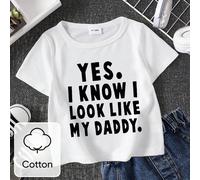 Maglietta a maniche corte in cotone casual e minimalista per bambino con stampa di lettere e slogan "SI, SO DI ASSOMIGLIARE A MIO PADRE", morbida e confortevole camicia di cotone per uscite estive 6-9