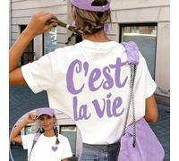 Maglietta a maniche corte leggera, comoda e morbida, adatta per l'uso quotidiano. Stile di strada INS Pinterest estetico con stampa a cuore viola sul davanti e stampa dello slogan francese "C'est La V