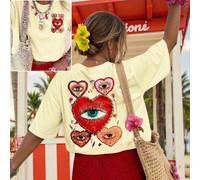 Maglietta a maniche corte leggera, comoda e morbida, stile di strada INS Pinterest estetico, stampa grafica con occhio del diavolo e cuore sacro, top estivo casual color crema L,M,S,XL,XS,XXLProdotti