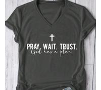 Maglietta a maniche corte scollo a V da donna con la scritta "Pray.Wait.Trust Faith", ideale per uso casual quotidiano L,M,S,XL,XSTessuto in maglia