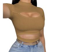 Maglietta a maniche corte sexy a righe bianche a maniche corte da donna, marrone, XL