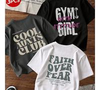 Maglietta a maniche corte stile sweet punk Y2K, ampia e oversize, con fiocco rosa, logo rosso in denim e stampa grafica "Faith Over Fear", morbida e traspirante, accattivante e versatile, adatta per u