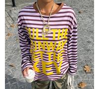 Maglietta a maniche lunghe a righe color rosa-marrone con stampa di lettere gialle che aggiunge un tocco di colore all'autunno e all'inverno delle donne, rendendola una scelta ideale per l'inverno. Il