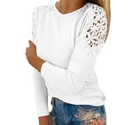 Maglietta a maniche lunghe a tinta unita con scollo rotondo, cuciture cave, da donna, bianco, L