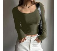 Maglietta a maniche lunghe aderente a girocollo di colore unito da donna, adatta per l'autunno, il ritorno a scuola, abbigliamento autunnale da donna L,M,S,XL,XSLettere,Colore unico,stampa dappertutto